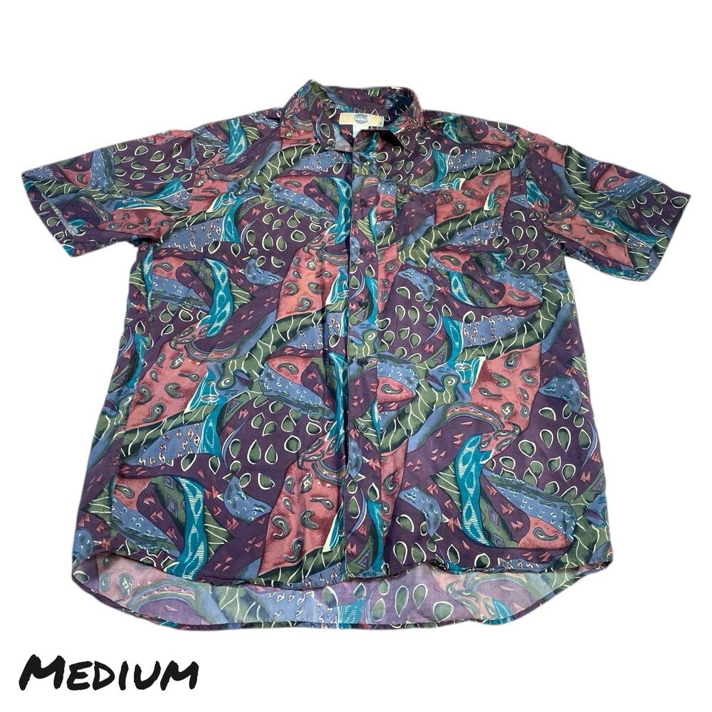 VTG Silk Uomo Shirt Mens Medium 100% Silk Button Up Abstract 90s‎ Pattern